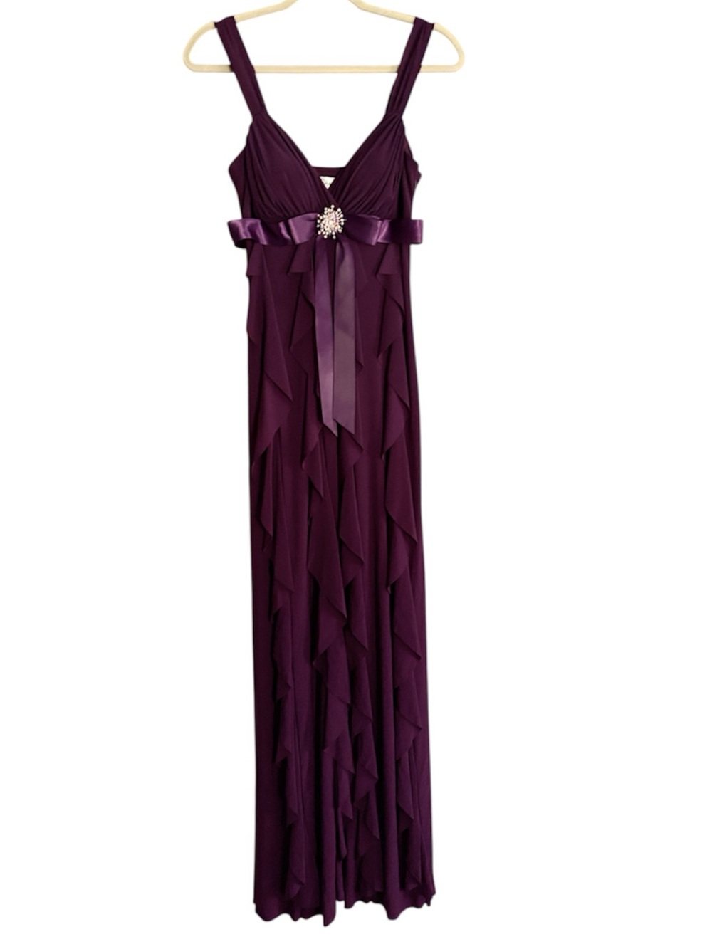 Betsy & Adam Purple Cascade Ruffle Gown Rhinestone Brooch Formal Dress Size 4